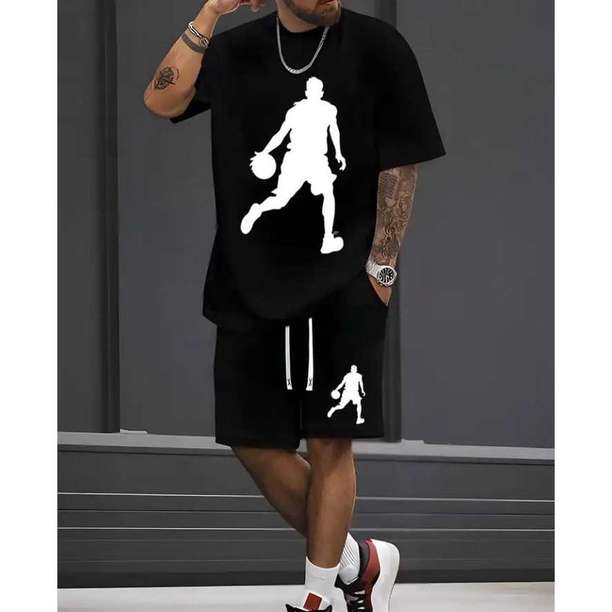 Conjunto Camiseta 100% Algodão Bermuda de Moletom Short com Bolso Masculina Academia Casual Treino Basquetebol