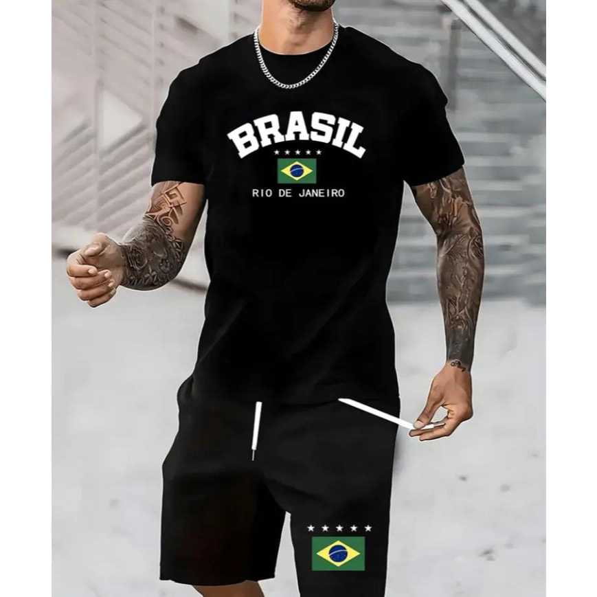 Conjunto Camiseta 100% Algodão Bermuda de Moletom Short com Bolso Masculina Academia Casual Treino Brasil Bandeira Rio