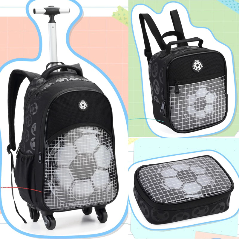 KIT MOCHILA DE RODINHA DA BOLA COM LANCHEIRA E ESTOJO MASCULINO INFANTIL DENLEX em Oferta na Shopee