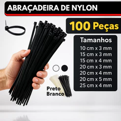 Kit 100 Abraçadeira de Nylon Cinta Plástica Enforca Gato Branco Preto 10cm 15cm 20cm 25cm