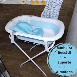 Banheira para Bebê Retrátil 33L+Suporte Dobrável+Almofada Flutuante ou Redinha, AZUL. em Oferta na Shopee