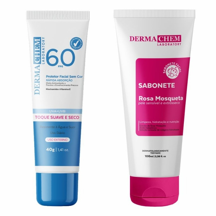 DERMACHEM - PROTETOR SOLAR ROSTO FPS 60 E SABONETE ROSA MOSQUETA