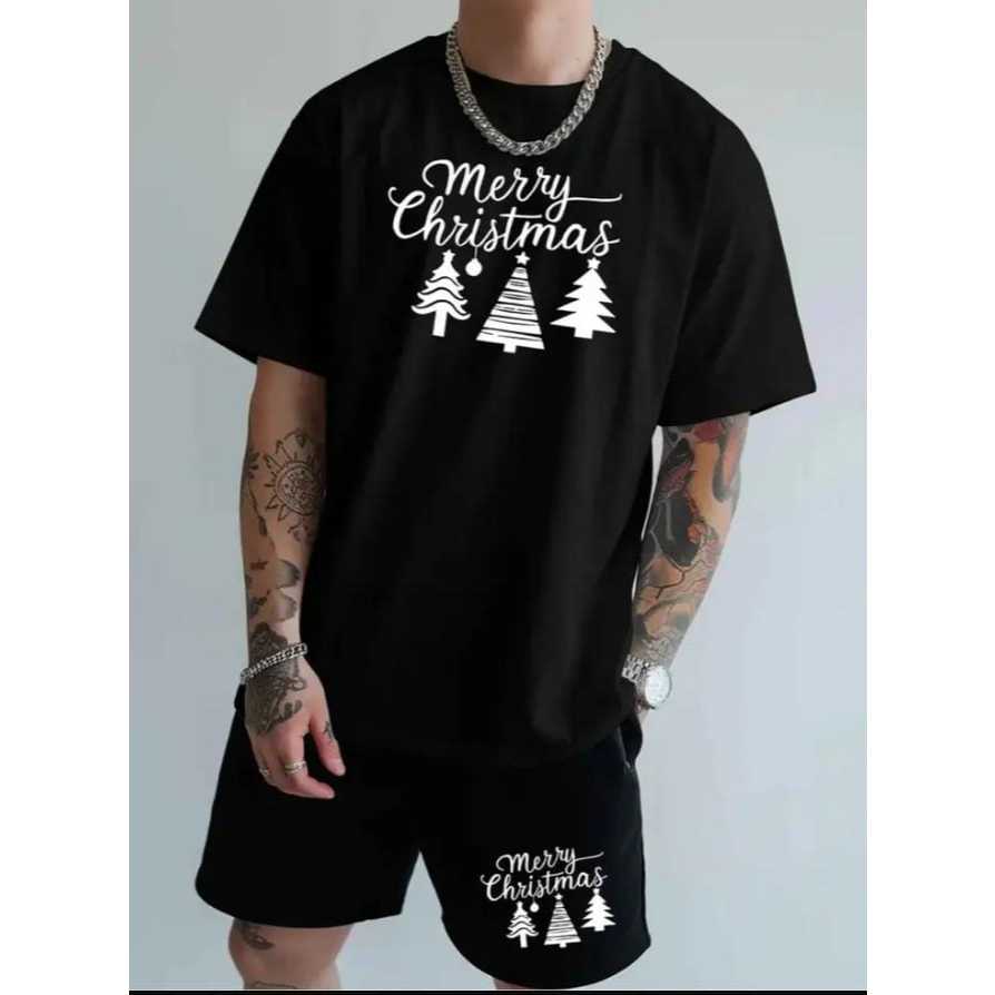 Conjunto Camiseta Básica Unissex Streetwear Bermuda Algodão FELIZ NATAL MARRY CHRISTMAS