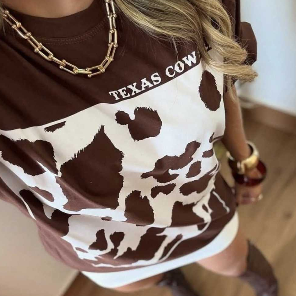 Camiseta Feminina  Boho Vaca Pintada Animal Print Malha Premium Over