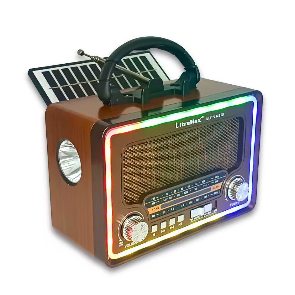 Rádio Retro Caixa de Som Bluetooth RGB Usb Sd Am Fm multimídia Carregador Placa Solar com Lanterna em Oferta na Shopee