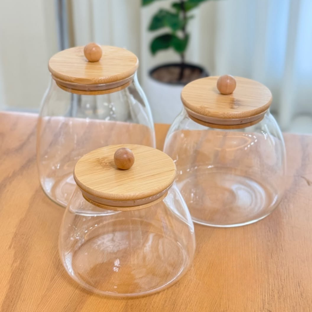 KIT 3 Pote De Vidro Hermético Com Tampa De Bambu Bolinha Transparente redondo Organizador Multiuso De Cozinha em Oferta na Shopee