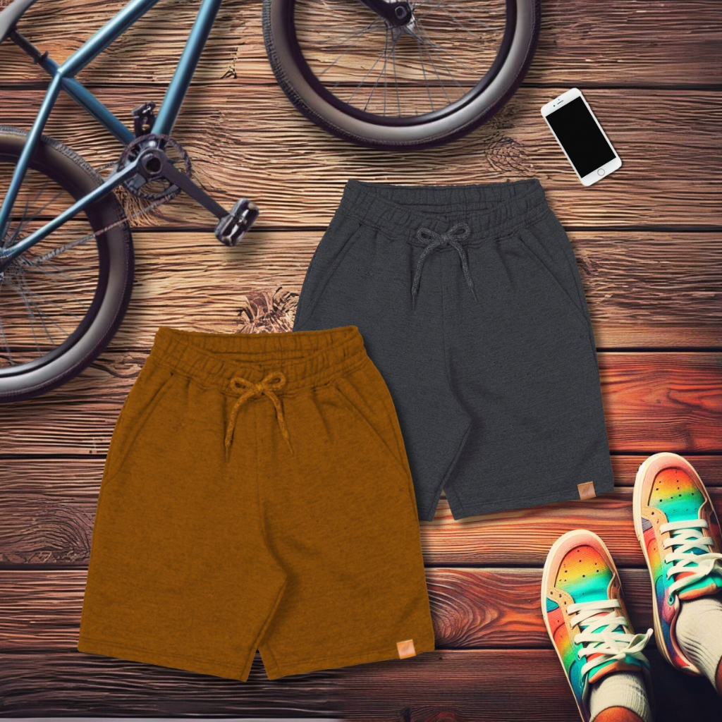 Kit Com 2 Bermudas Menino Infantil Moletom Com 2 Bolsos.- Caramelo e Cinza.