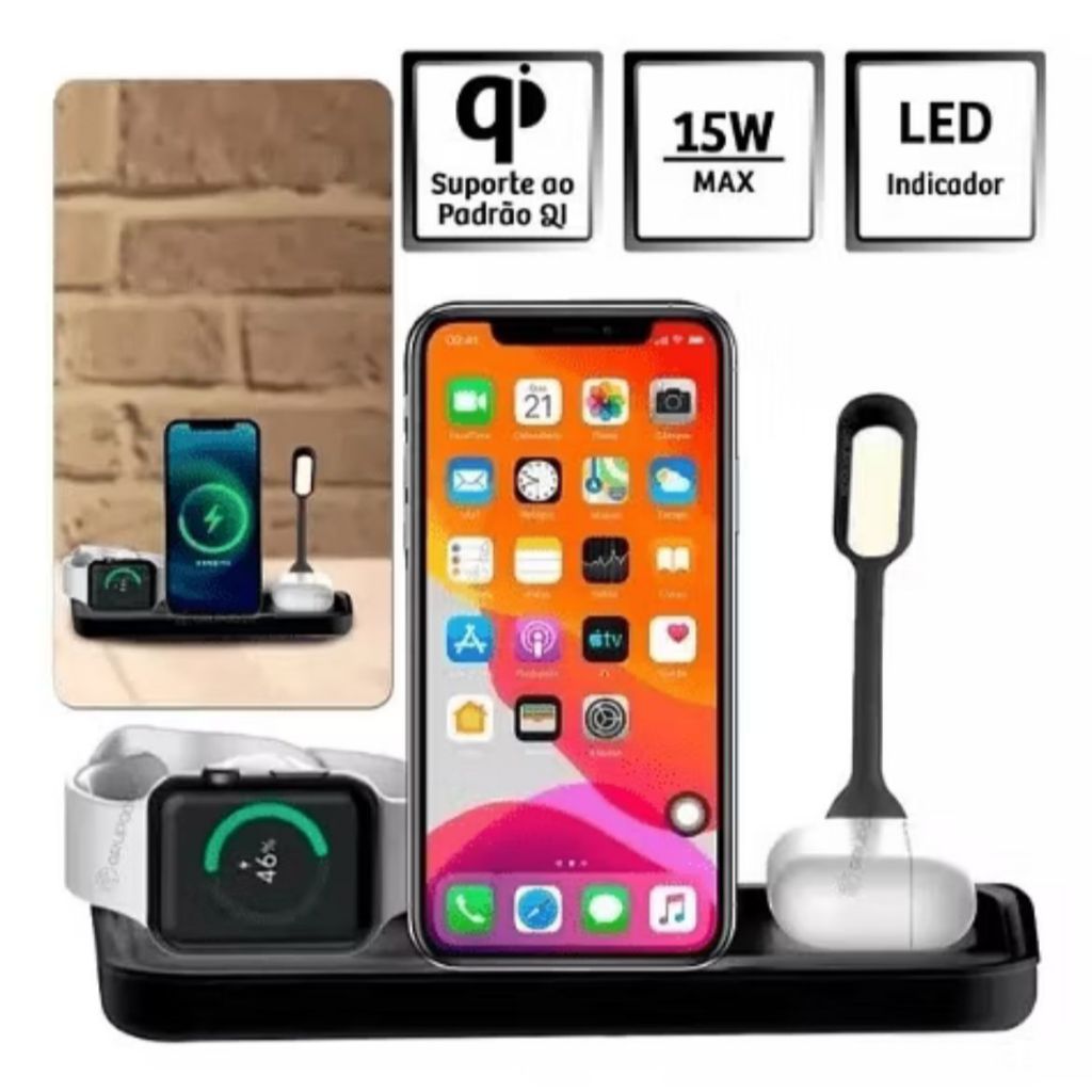 CARREGADOR INDUÇÃO SEM FIO 3 EM 1 (CELULAR, AIRPODS E APPLE WATCH) 15W PRETO FW0