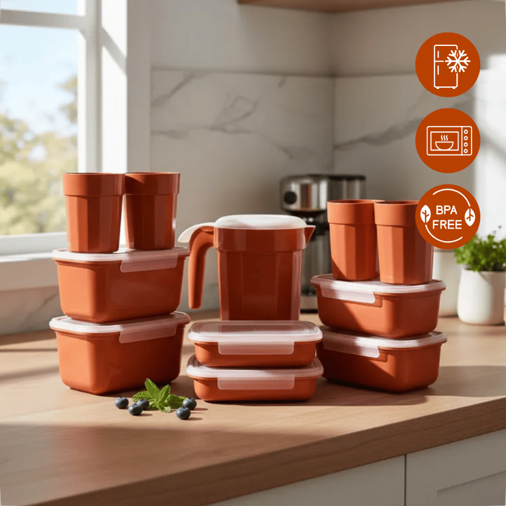 Kit Utilidades Domésticas 11 Peças Potes Plásticos Copos e Jarra Para Cozinha