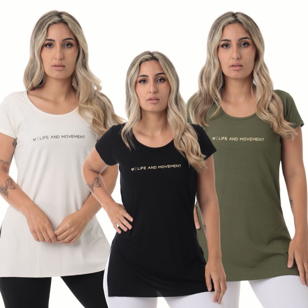 Kit 3 Blusa Feminina Academia Fitness Moviment Marfim/Preta/Verde