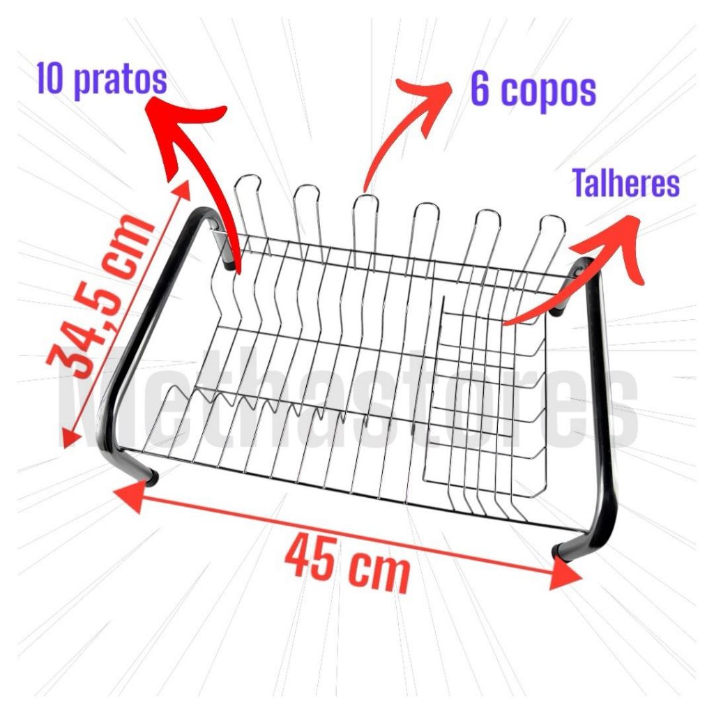 Escorredor de louças para 10 pratos e 6 copos mais talheres  aço Resistente, cromado ,Branco e Preto