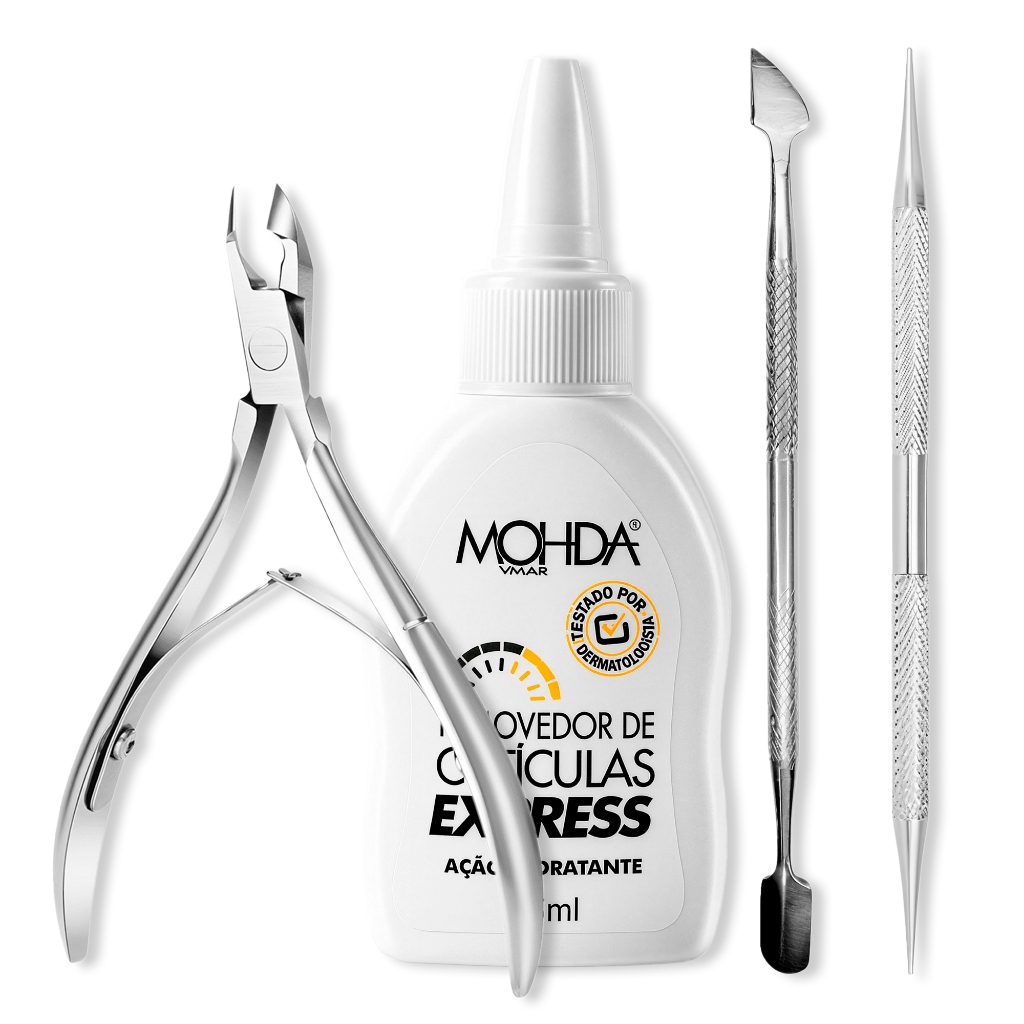 Kit Completo Cuidados Unhas Mohda Express Removedor Cutículas Alicate + Espátula Palito Aço Inox