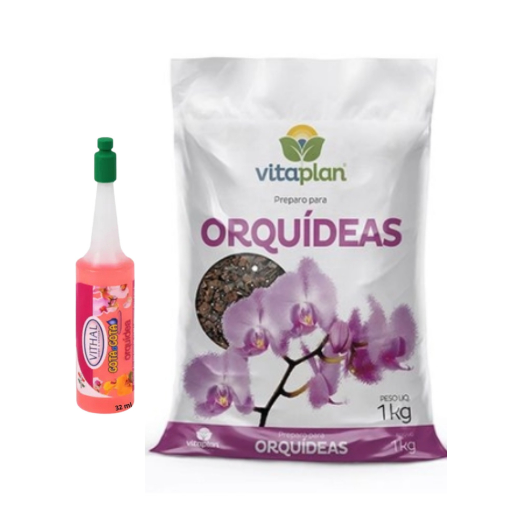 Kit 1 Fertilizante Gota a Gota Orquídeas Ampola 32 ml Vithal E 1 Substrato 1kg Vitaplan