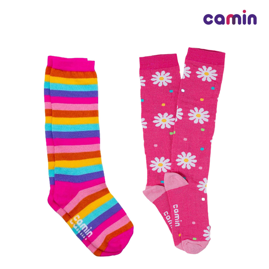 KIT 2 Pares Meia Infantil Menina Cano Longo 3/4 Delicada Estampada Camin Original Promoção em Oferta na Shopee