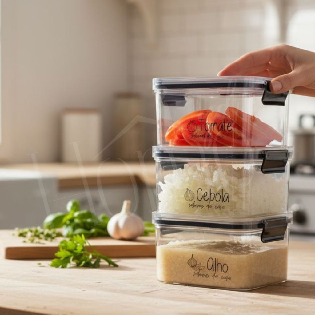 Potes Herméticos Geladeira | 450ml/950ml – Porta Mantimentos | Porta-Alho, Porta-Cebola