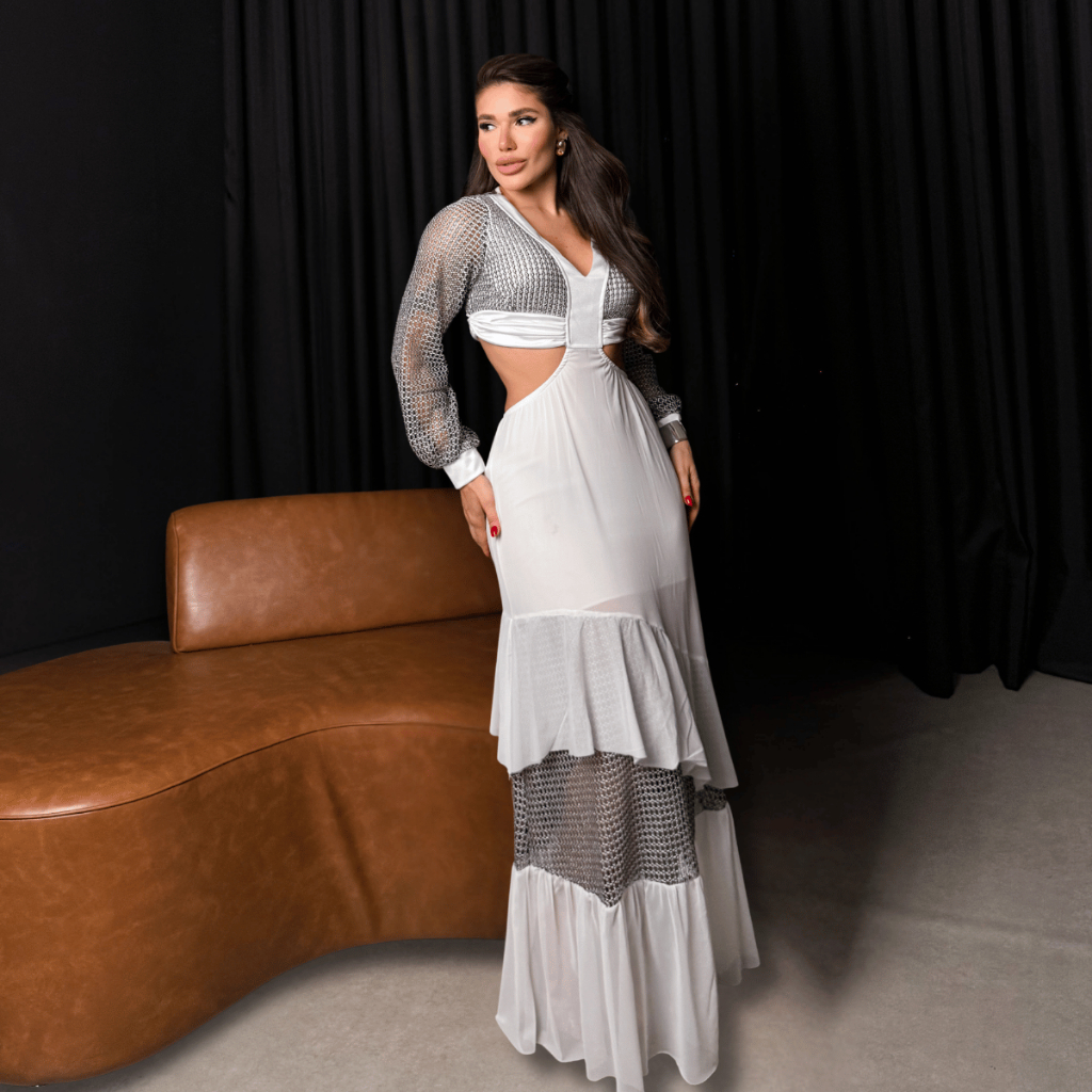 Vestido Feminino Longo Malha Tule Renda Lurex Decote V Mangas Compridas Casual Festivo