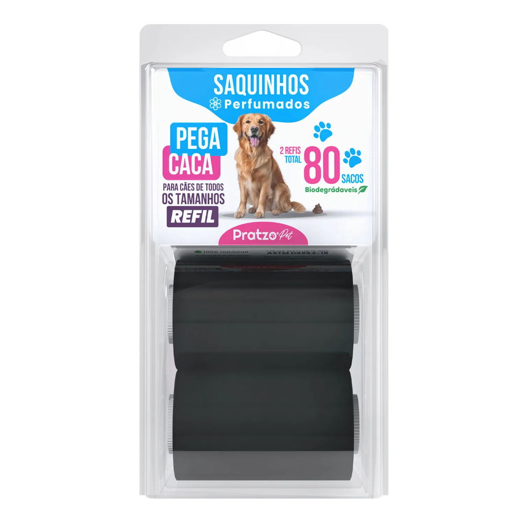 Saquinhos Cata Caca Pet Perfumados Biodegradáveis - Kit 2 Refis (80un) Pratzo