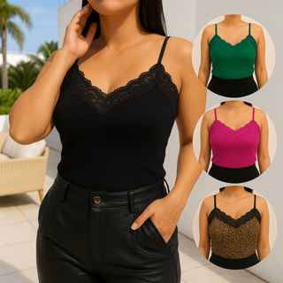 Kit 2 Blusinhas Regata Feminina com Bojo e Renda | Alcinha Delicada | Tecido Confortável e Ajustável em Oferta na Shopee