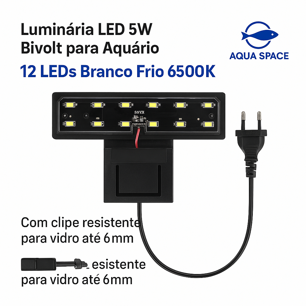 Luminária LED 5W Bivolt para Aquário com Clipe | 12 LEDs Branco Frio 6500K em Oferta na Shopee