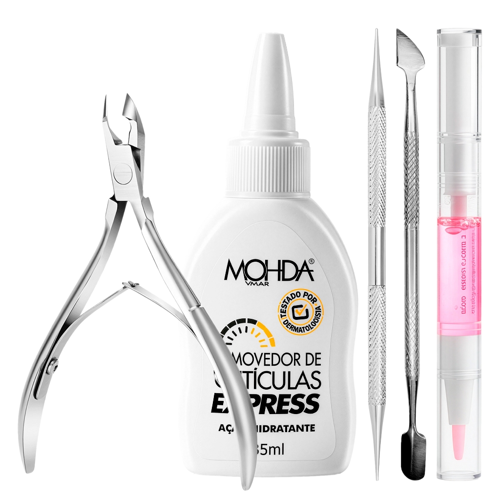 Kit Completo Cuidados Unhas Mohda Express Removedor Cutículas Alicate + Espátulas + Caneta Manicure