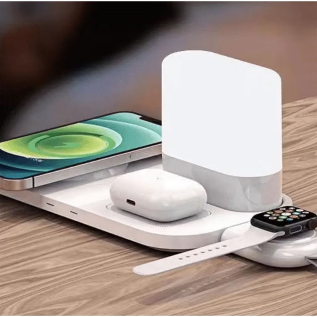 CARREGADOR POR INDUÇÃO SEM FIO 15W 4 EM 1 TOUCH COM ABAJUR PARA CELULAR AIRPODS