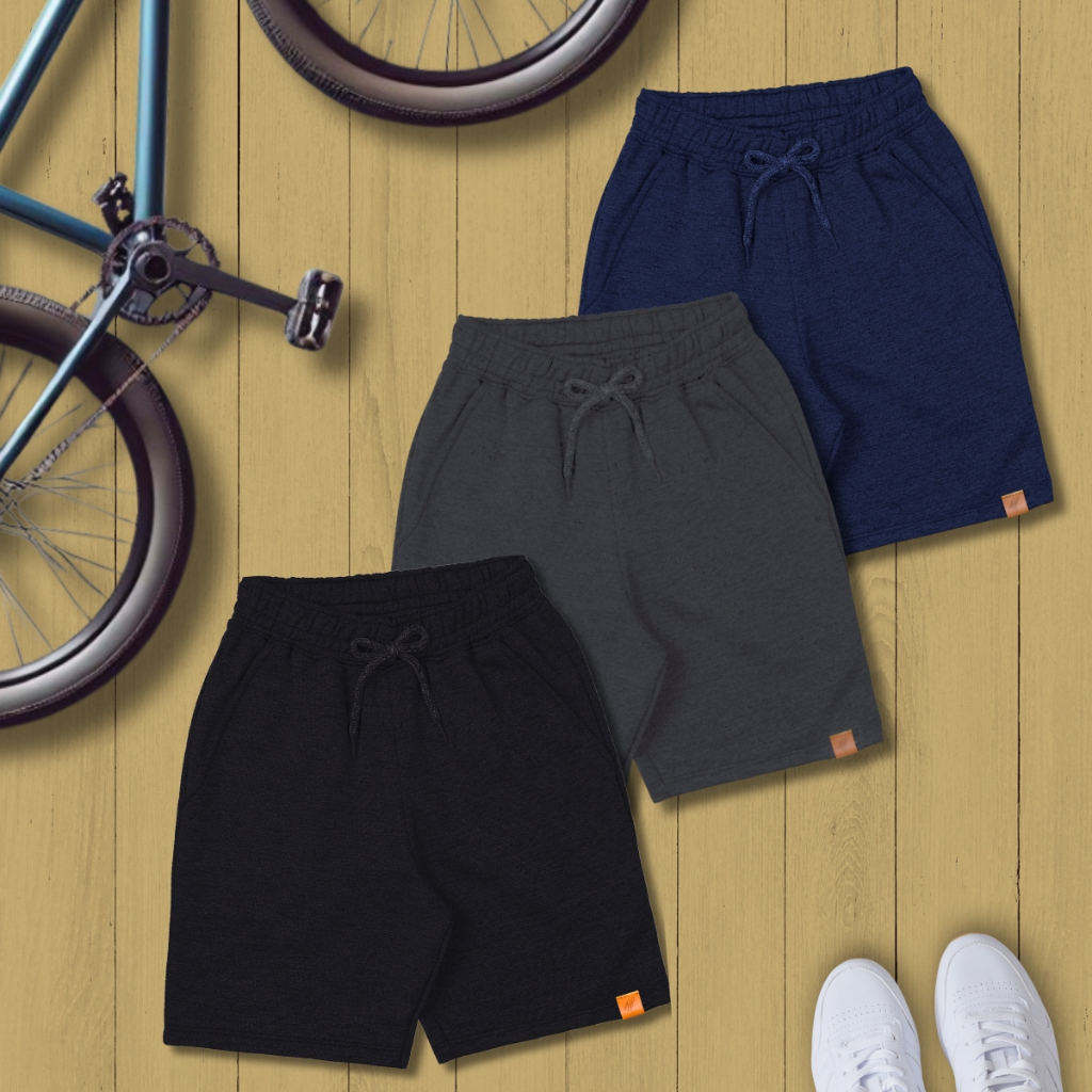 Kit com 3 Bermudas Masculinas Infantil com 2 Bolsos | Preto, Cinza e Marinho | 100% Algodão