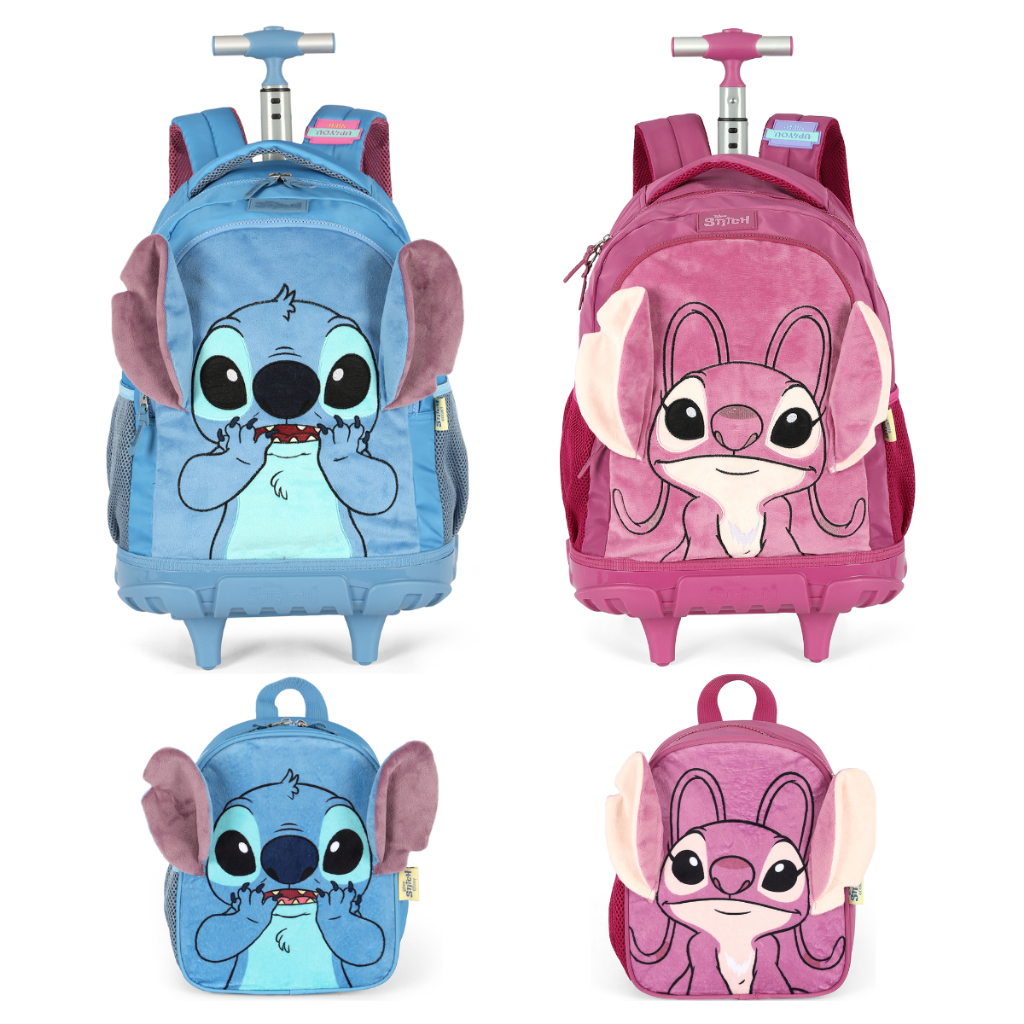 Kit Mochila com Rodinhas + Lancheira Térmica Stitch e Angel Pelúcia 3D UP4YOU Lançamento 2026