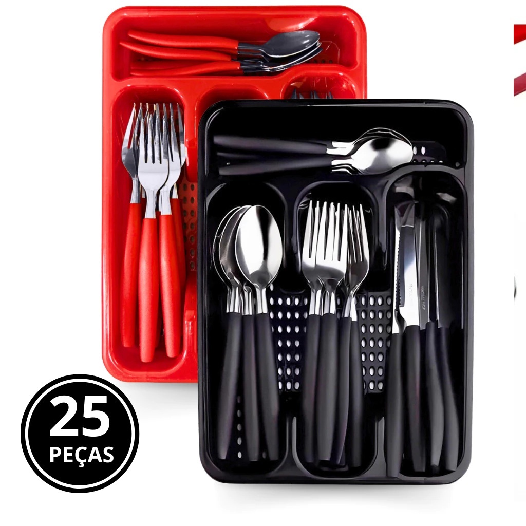 Jogo Faqueiro 24 Peças + 1 Porta Talher Talheres Resistentes Aço Inox Cabo Plastico Jogo de Talheres