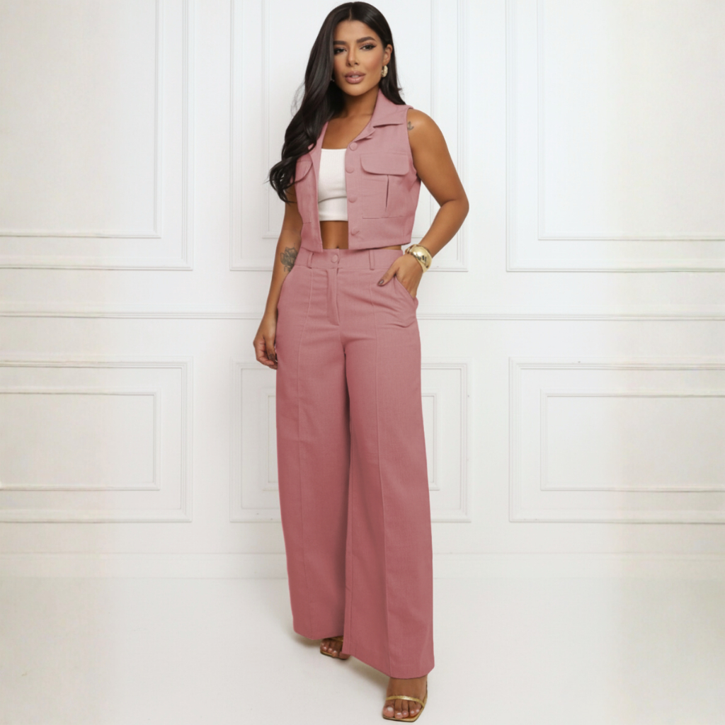 Conjunto Linho Colete e Calça Cintura Alta Elegante Feminino em Oferta na Shopee