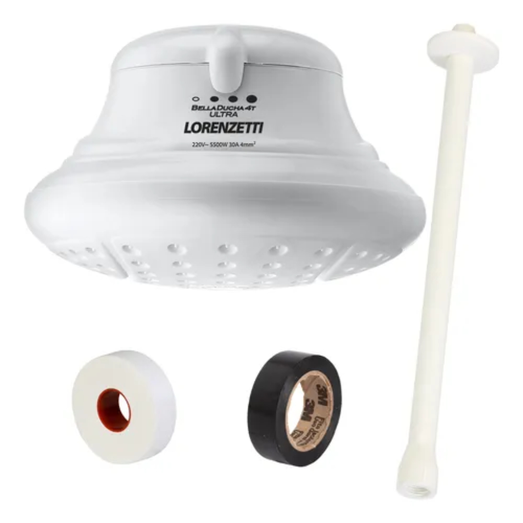 Kit Chuveiro Bella Ducha + Braço PVC 30cm + Fita Isolante 5 Metros + Veda Rosca 18mmx10m
