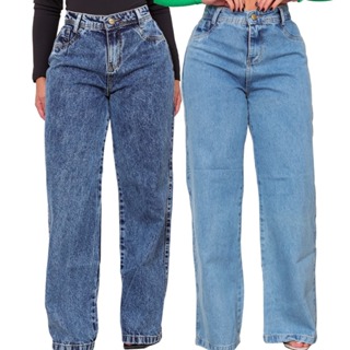 WID LEG CLARA+MARMORIZADA COS ALTO CALÇA LARGA 100% ALGODÃO SEM LAYCRA JEANS PREMIUM CALÇA DE SHOPPING DELUXEE em Oferta na Shopee