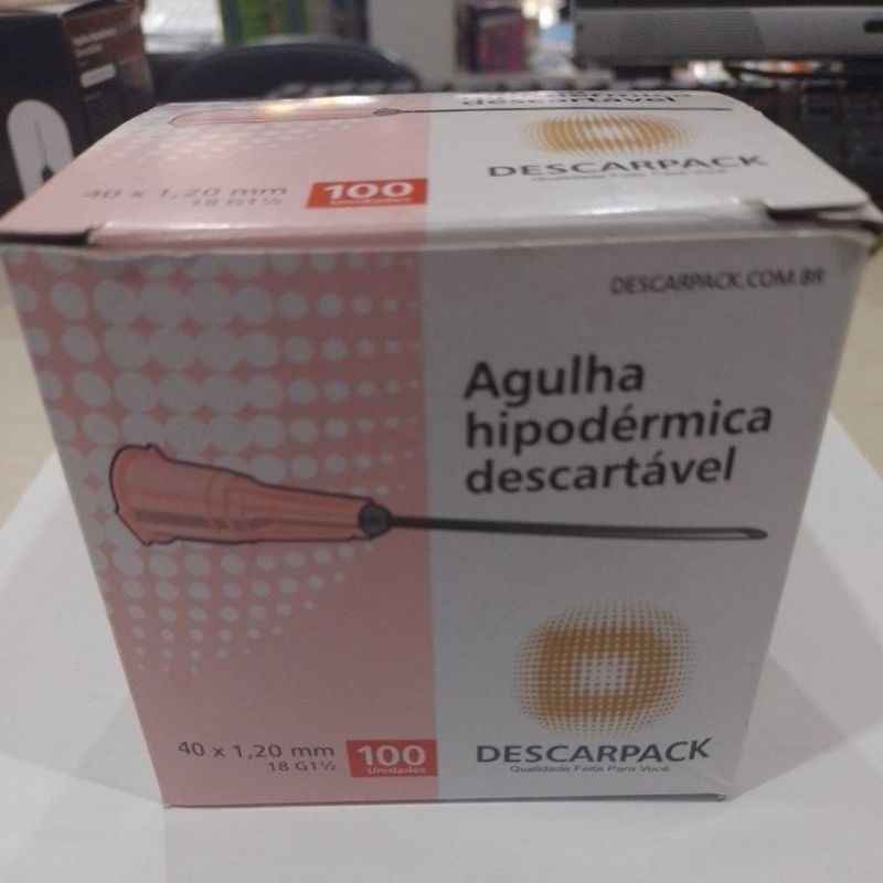 Caixa de agulha com 100 agulhas 18 G (40x 1,20mm) Hipodérmicas.