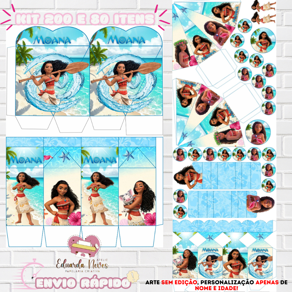 KIT COM 200 OU 80 ITENS/LEMBRANCINHAS (COM TAGS, APLIQUES E CAIXAS) (COM/SEM NOME) TEMA: MOANA