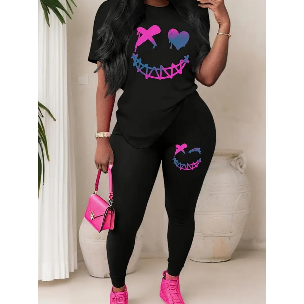CONJUNTO FEMININO ACADEMIA CAMISETA+CALÇA LEGGING ESTILOSO CÓS ALTO ZERO TRANSPARENCIA SMILE