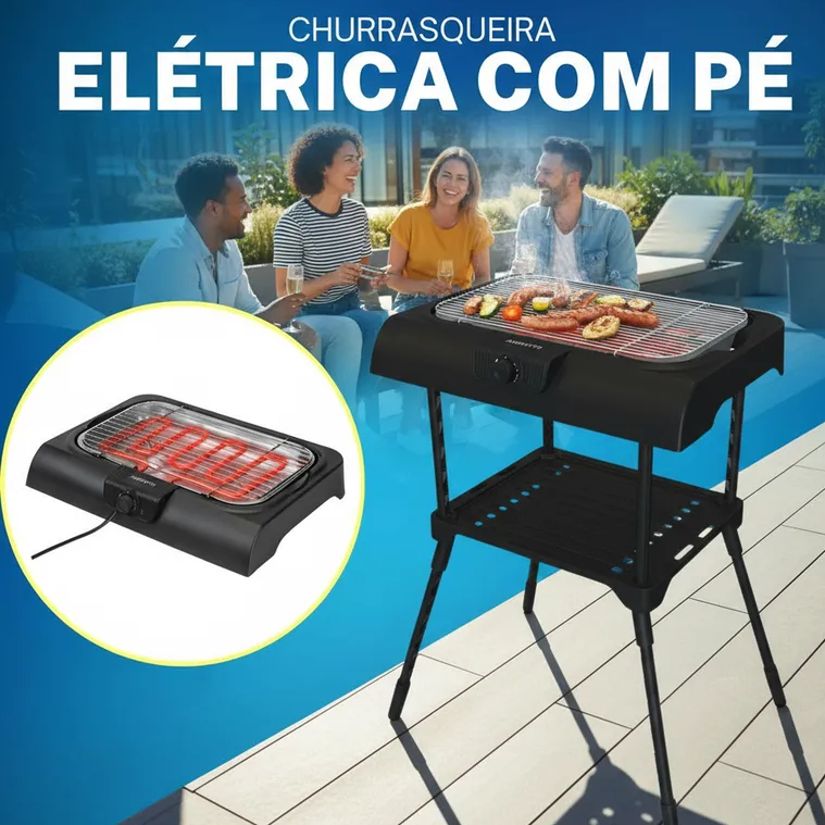 Churrasqueira elétrica portátil 2000W Steak Grill GOURMET PEDESTAL MR.CHEFF AGRATTO GRELHADOR PRETA 127V 220V SEM FUMAÇA