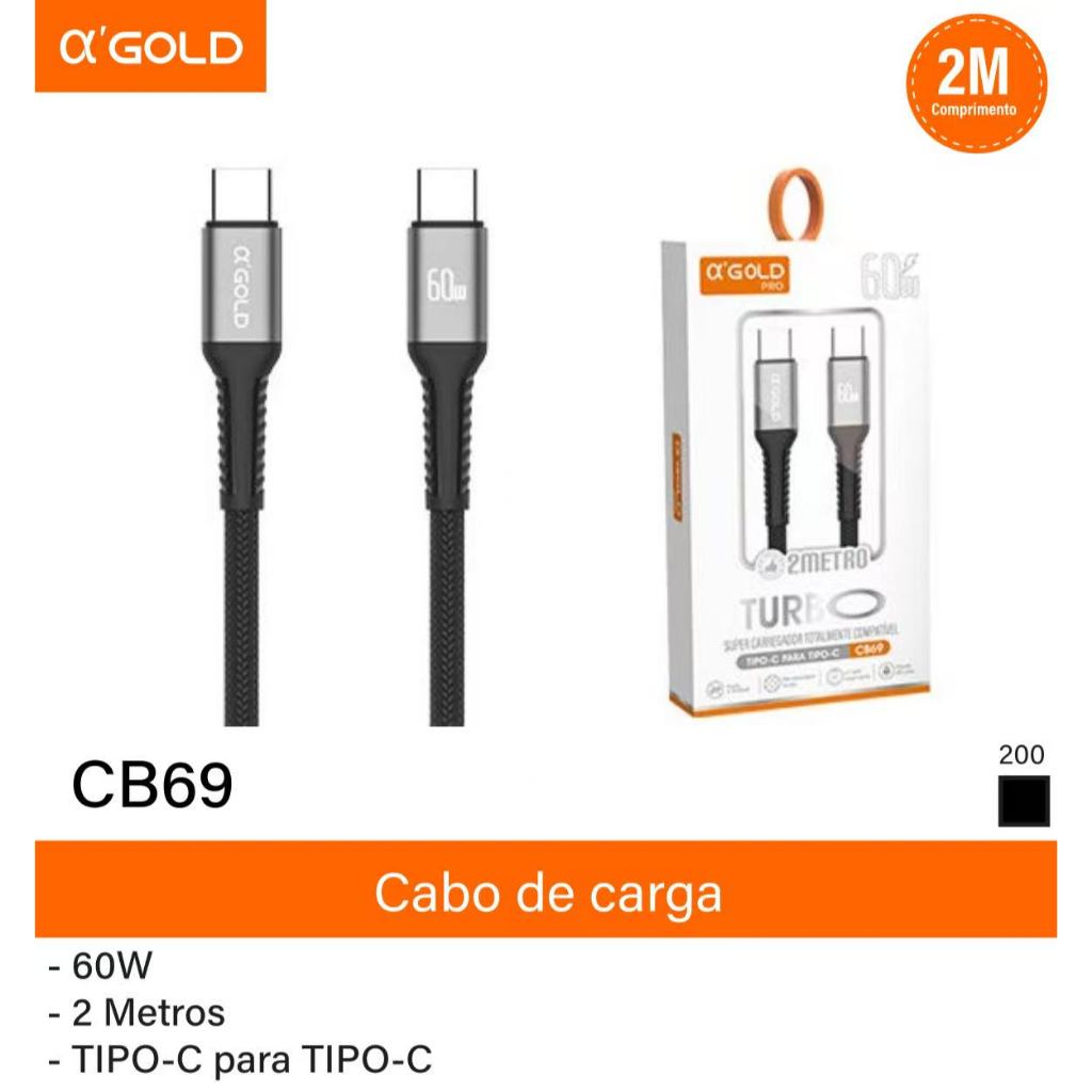A'Gold Cabo Carregamento Turbo 60w 2 Metros Tipo-c Para Tipo-c Super Carregador
