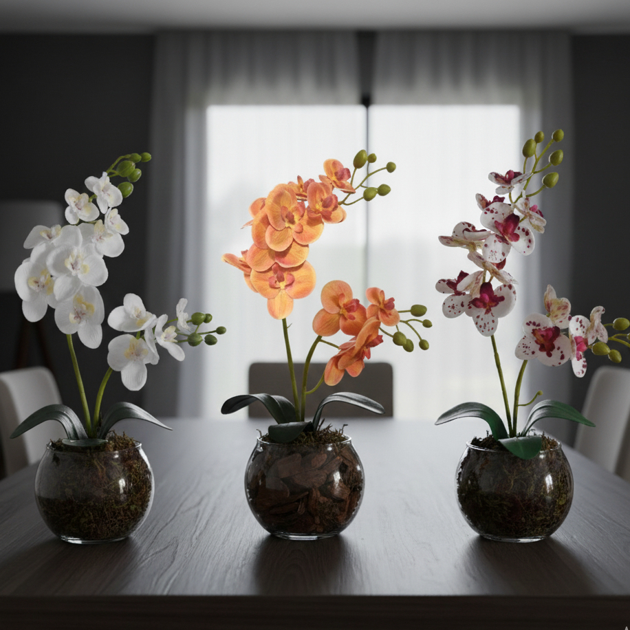 ARRANJO DE ORQUÍDEA ARTIFICIAL SILICONE NO VASO DE VIDRO REDONDO - 30 CM DE ALTURA
