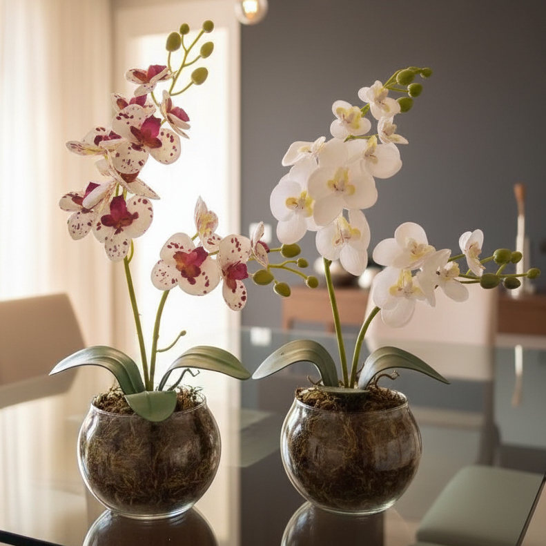 LINDO ARRANJO DE ORQUÍDEA ARTIFICIAL VASO DE VIDRO - 40 CM - LINDAS OPÇÕES DE CORES
