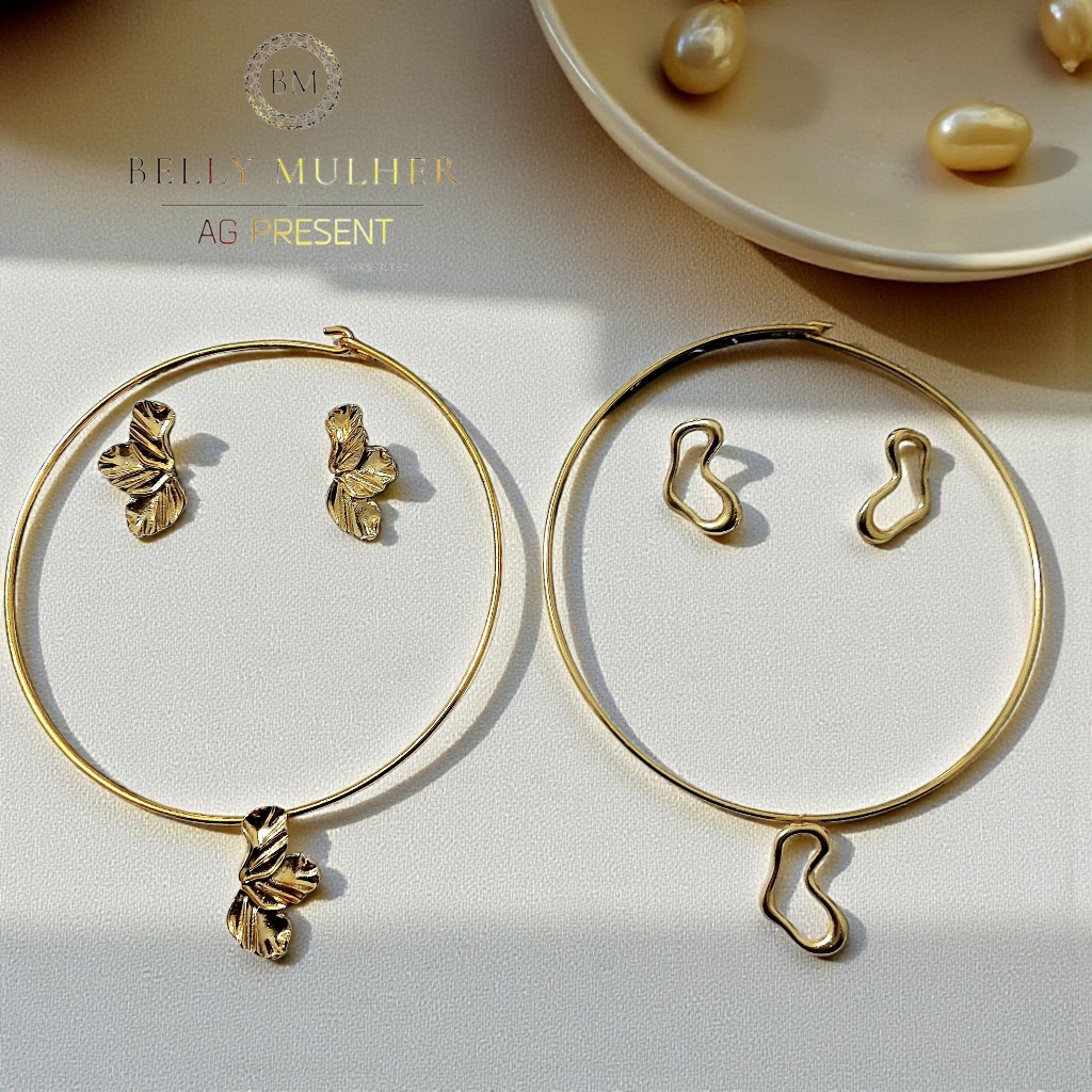 Detalhes do Colar Aro Choker + Brincos Orgânicos Verão Folheados a Ouro 18K
