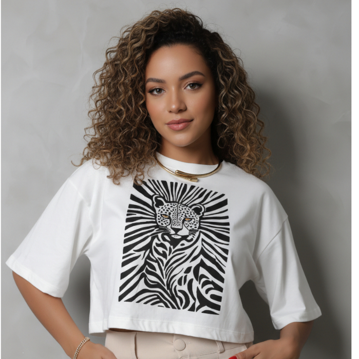 Blusa Cropped Feminino Oversized StreetWear Tigre Estampado Animal Print Tecido 100% Algodão