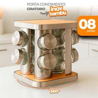 Porta Temperos Giratório Inox e Bambu com 8 Potes – Organizador 360° de Cozinha em Oferta na Shopee
