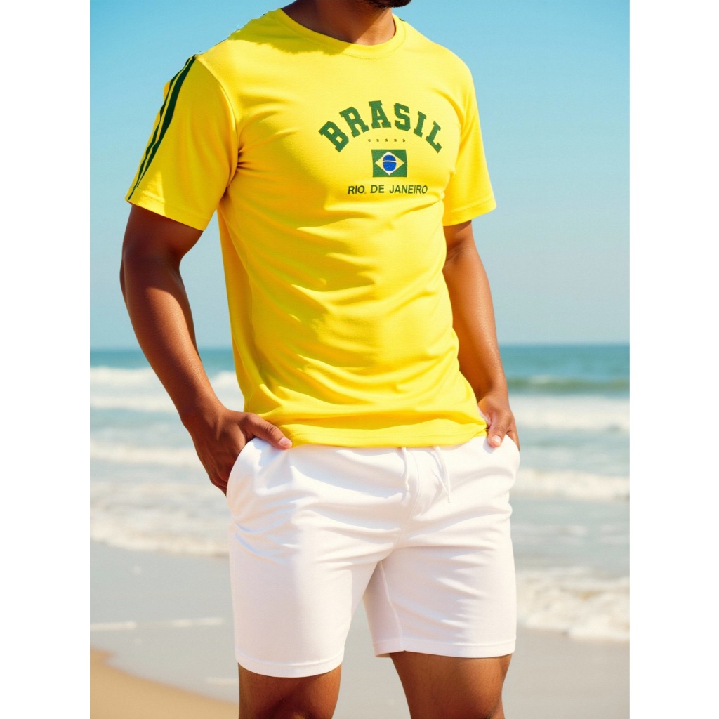 Camiseta de Manga Curta Casual da Moda com Impressão da Bandeira do Brasil, Listrada e Sólida, Primavera/Verão 2025, Mas