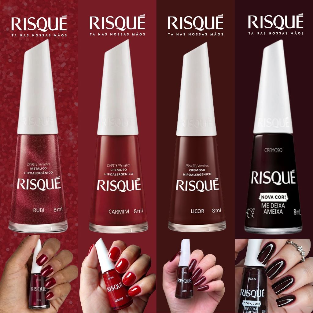Kit 4 Esmaltes Risqué Tons Vermelhos Marrom Nova Coleção Risque