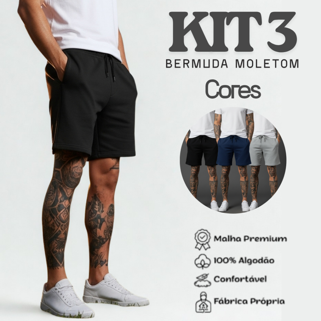 Kit 3 Bermuda Moletom Esporte Com Bolso E Elastico Muito Confortavel