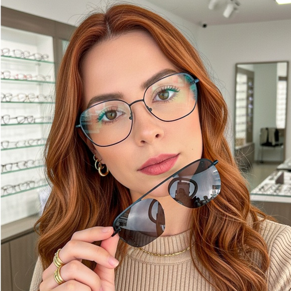 Óculos Feminino Retangular Com Clip On Solar Lente Polarizada UV400 Estilo Elegante