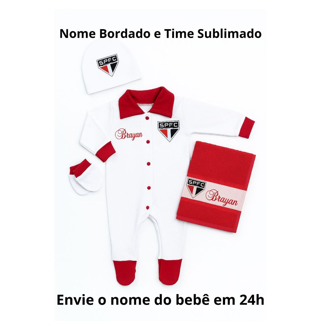 Kit Macacão São Pau.lo Tricolor - com Pé Reversível 4 Peças - Nome Bordado e Time Sublimado em Oferta na Shopee