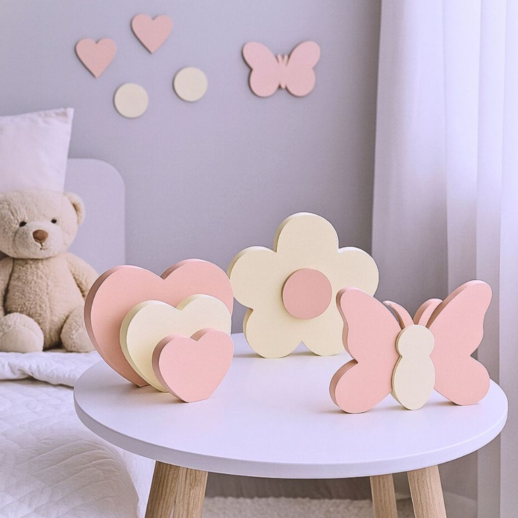 Kit Display Mdf Decorativo Flor Trio Coração e Borboletas Para Decoração Quarto De Bebê