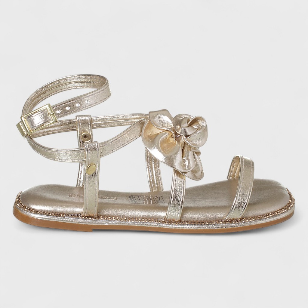 Sandália Infantil Menina Dourada Flor Com Detalhes Strass Rasteira Original Metalizado