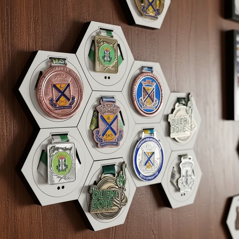 Porta Medalhas Expositor  MDF Hexagonal Colméia de Parede Corrida Futebol Bike Jiu Jitsu