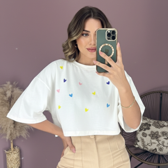Cropped Feminino Oversized  Coração Bordado Algodão 100%